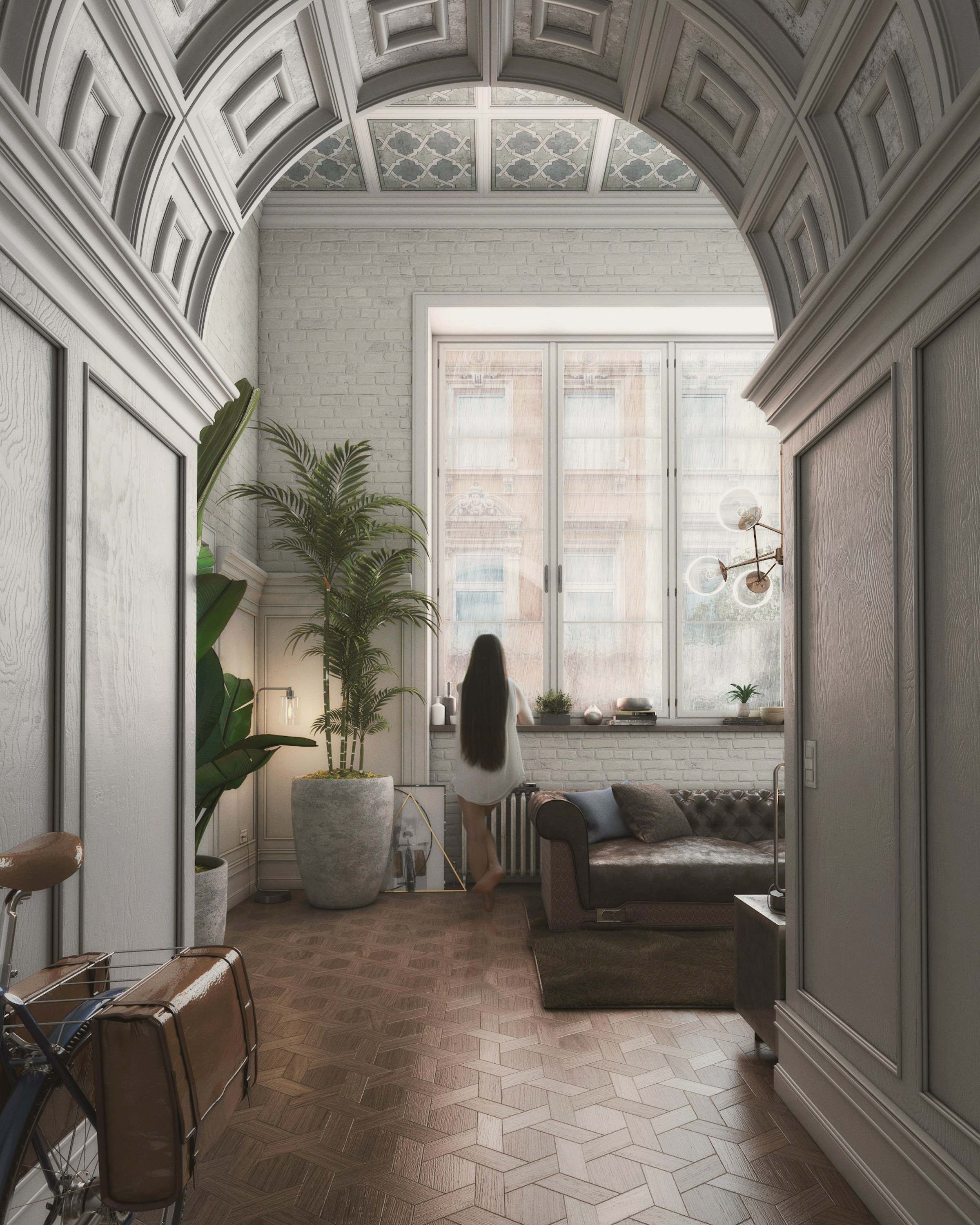 Tall windows in a high-ceilinged room with grey panelled walls
